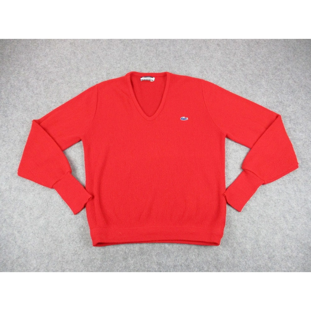VTG Lacoste Sweater Mens Large* Red Blue Croc Izod V Neck Tight Knit Pullover